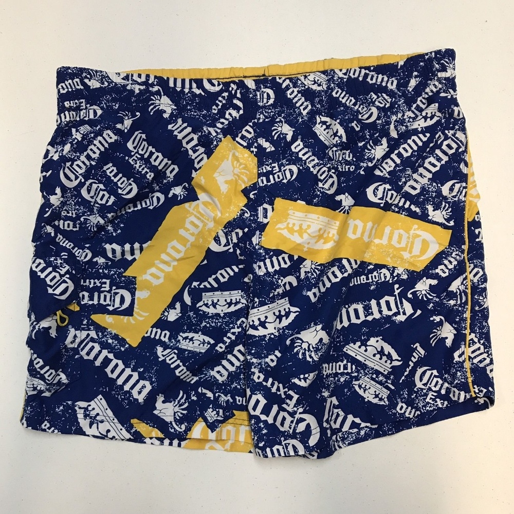 Men Blue Yellow Corona Mexican Beer Lined Swimwear